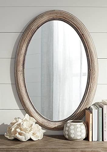 Noble Park Zahra Oval Vanity Decorative Wall Mirror Vintage Rustic Farmhouse Natural Brown Wooden Frame Beaded Trim 23 1/2" Wide For Bathroom Bedroom Living Room Home Office Entryway #TOP6