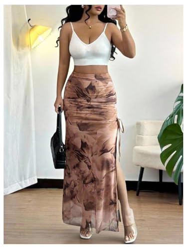 Women's Leopard Bodycon Skirts Vintage Cheetah Drawstring Split Thigh Long Skirt3