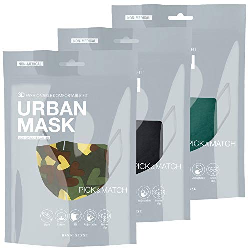BasicSense 3 Packungen - 100% Baumwolle waschbar wiederverwendbar Hautfreundlich Einfarbig Gesichtsbedeckungen Masken (Camo 3 Pack) Cover