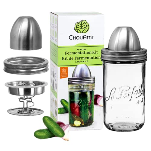 Chouami Stainless Steel Fermentation Kit W/Airlock & Weight For Easy Small-Batch Fermenting Of Sauerkraut, Kimchi, Pickles ++ Use W/ 1L Le Parfait Wide Mouth Glass Mason Jar & Lid Included (Kit-1L) #TOP30