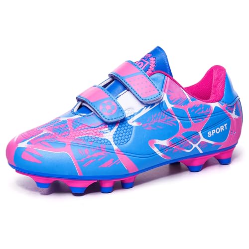 Zapatos de Fútbol Niños Zapatillas de Fútbol Nniñas Césped Artificial Zapatos de Entrenamiento de Fútbol con Múltiples Tacos Zapatillas de Deporte Sin Cordones Rosa 33