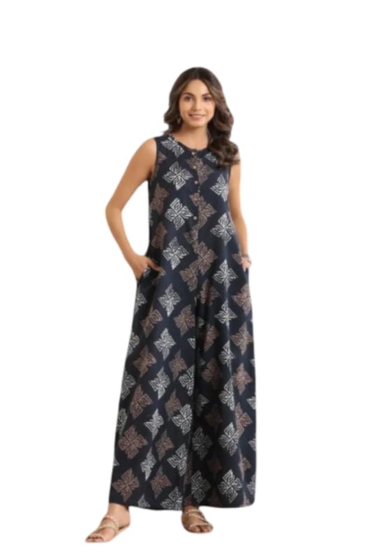 Women's Rayon Round Neck Button-Line Swastik Printed Sleeveless Jumpsuit | Stylish Straight Leg Full Length One Piece Western Dress Outfit for Birthday, Party, Office and Everyday Wear (Black)-picture-17