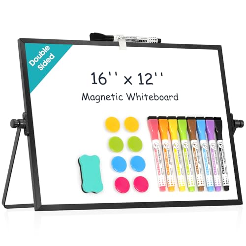 Image of Dry Erase Small White Board, 16 inch x 12 inch Desktop Whiteboard with Stand Black