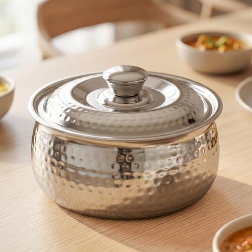 Image of Nestasia Stainless Steel Insulated Casserole with Lid (3000 ml) - 100% Food Safe Hammered Roti Server with Self Locking Lid - Retains Heat & Freshness | Rust Resistant & BPA - Free Chapati Casserole