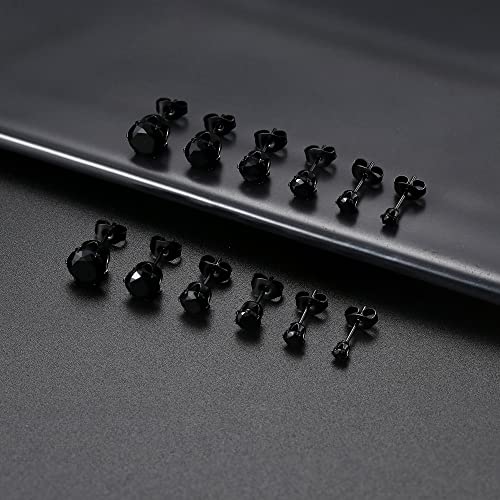 Fibo Steel Stainless Steel Mens Womens Stud Earrings Black Round Cubic Zirconia Inlaid, 6 Pairs 3Mm-8Mm #TOP5