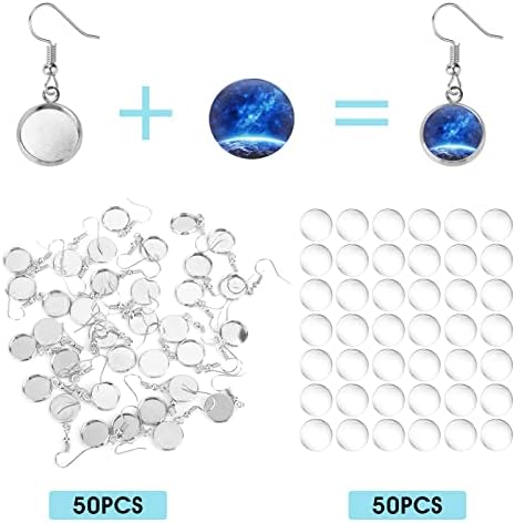 100 Pieces Blanks Earring Hooks for Jewellery Making, Includes 50 Pieces Earrings Wire Hooks Blanks Bezel Trays with 50 Pieces 12 mm Glass Cabochons Setting for Earrings Making DIY Craft Accessories