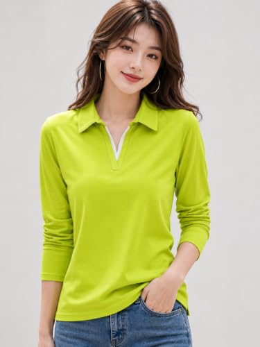 Image of Women's Solid Polo T Shirt with Collar, Long Sleeve V Neck Casual Top, Regular Fit Everyday Wear