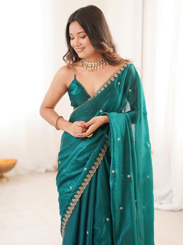 Image of AKHILAM Women's Shimmer Tissue Embroidered Saree With Unstitched Blouse Piece