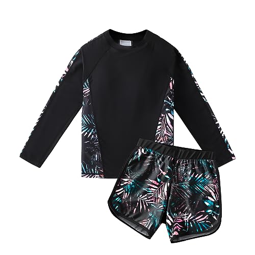 Image of Girls Long Sleeve Swimsuits 2 Pieces Set Rash Guard Swimwear Quick Dry Surfing Wetsuit for Kids Bathing Suit 5-16 Years