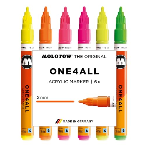 Molotow One4All 127HS Lot de 6 marqueurs acryliques fluo (épaisseur de trait de 2,0 mm, couvrant et permanent, séchage rapide, rechargeables, pour presque toutes les surfaces)