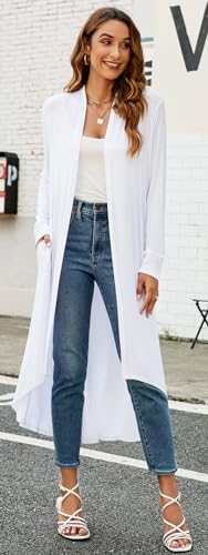 Image of Newchoice Womens Long Cardigan Summer Casual Draped Open Front Lightweight Long Sleeve Cardigan Duster with Pockets