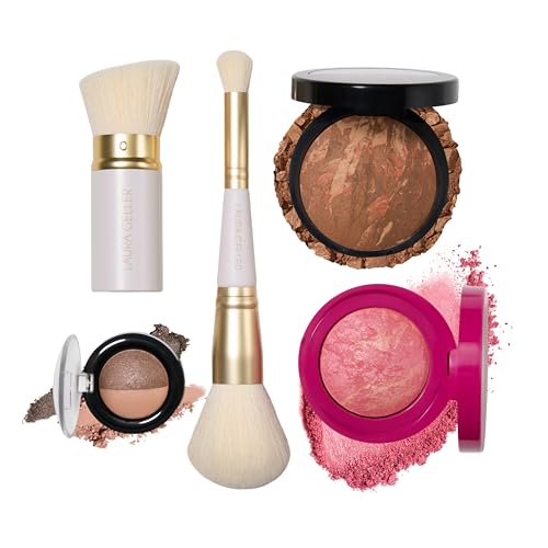 LAURA GELLER Daily Routine Kit | Toffee | Limited Edition Makeup Set | Includes Baked Foundation for Mature Skin, Exclusive Blush, Eyeshadow, Retractable Kabuki Brush