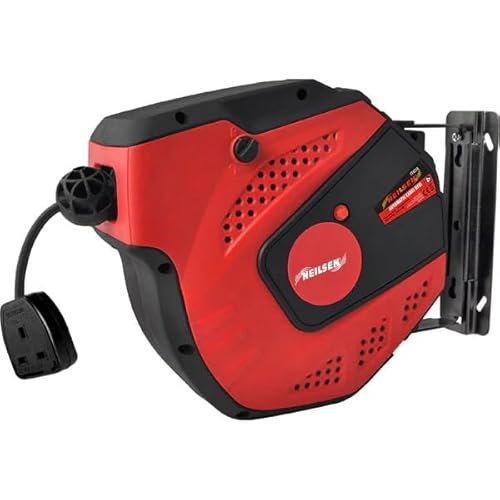 Neilsen CT4210 230V Automatic Cable Reel - 15M Cable with BS Socket & Plug, Spring-Loaded Auto Roll-Up, Safety Lock, Ideal for Garage, Workshop, and DIY Use
