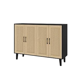 Panana Buffet Storage Cabinet with Rattan Decorating 4 Doors Living Room Kitchen Sideboard 4843 x 3465 x 15 inch Black