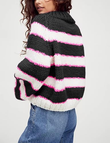 Image of Yeokou Women Stripe Pullover Sweater Turtleneck Ribbed Knit Top Casual Fall Winter Chunky Knitwear