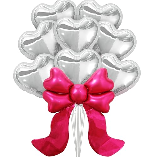 Image of KatchOn, Silver Heart with Bow Foil Balloons Decoration Set - Pack of 9 | Pink Bow Balloon for Pink Party Decorations | Silver Balloons for Baby Shower, Birthday Party Decorations