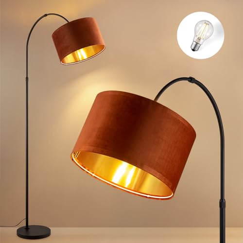 Home Sweet Home Lampadaire Arc Noir et Or, Vintage Lampe de Salon avec Abat-jour en Velours Rouge Rouille, Hauteur 179cm, Incl. Ampoule LED E27, Tête...