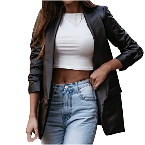 Damen Lederblazer Temperament Lederhemd Elegant Langarm Blazer Longblazer...