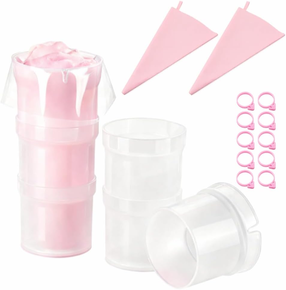 2 Pack Piping Bag Holder Stand Kit, 2 Clear Detachable Holders with Reusable Silicone Icing Bags and 10 Pink Clips, Hands-Free Frosting Filling Tool for Cake, Cupcake, Cookie Decorating