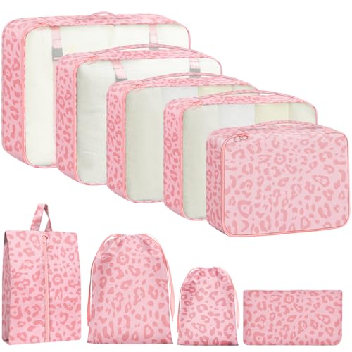 Woobolsalike 9 Set Packing Cubes for Travel Essentials - Lightweight Carry-On Luggage Organizer Bags with Shoe Clothes & Laundry Bags for Airplane Family & Business Travel Pink leopard print