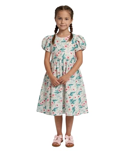 Vestido de fiesta para niñas verde floral de mezcla de algodón con manga abombada corta