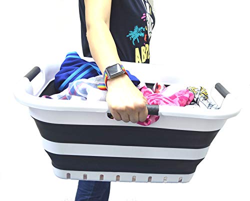 SAMMART 41L (10.8 gallon) Set of 2 Collapsible 3 Handled Plastic Laundry Basket-Foldable Pop Up Storage Container/Organizer-Space Saving Hamper/Basket (2, White/Black) - Thumbnail 6