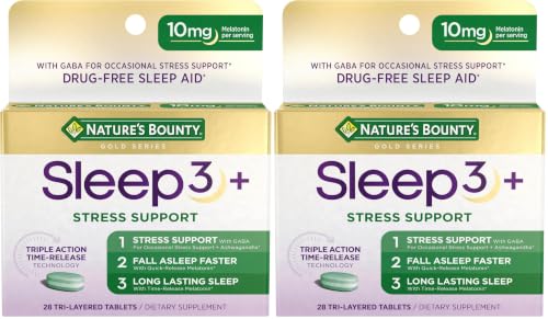 Natures Bounty Stress Support Plus Melatonin, Sleep3 Maximum Strength 100% Drug Free Sleep Aid, Dietary Supplement with Ashwagandha, Time Release Technology, 10mg, 56 Tri-Layered Tablets (Pack of 2)