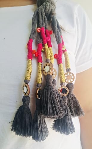 Image of Zippy Flora Handmade Boho Parandi /Paranda for Women | Traditional Punjabi Hair Accessory, Braid Tassels, Choti Hair Extension with Thread & Beads (Neelima Dark Grey)