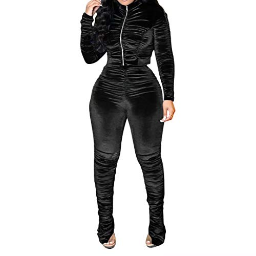 IyMoo Sweatsuits for Women Tracksuit 2 Piece Outfits Velour Active Wear Zip-Up Hoodie Stacked Sweatpants Sweat Suits 070 Black S