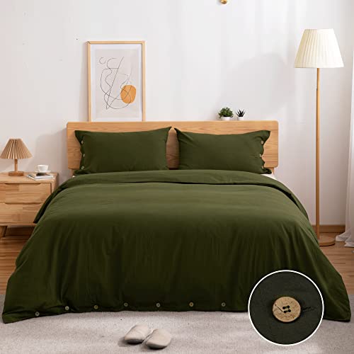 ATsense Duvet Cover King Size, 100% Washed Cotton, Linen Feel Ultra Soft and Breathable, 3 Pieces Olive Green Bedding Duvet Cover Set with Button Closure, Durable and Easy Care Comforter Covers