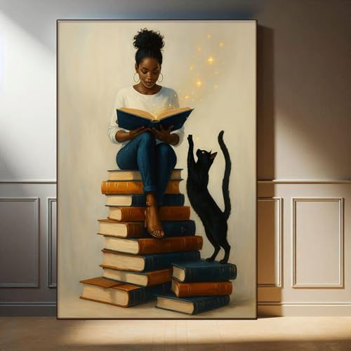 Décoration murale livre chat noir et femme, affiche tissu afro 50x70