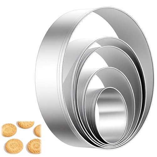 5 Pcs Round Cookie Cutter Set Stainless Steel Round Edge Cookie Cutters Reusable Scone Cutter Pastry Mold Bakeware Tool for Fondant Biscuit Sandwich Cheese (1.5 2 2.7 3.5 4.7 Inch)