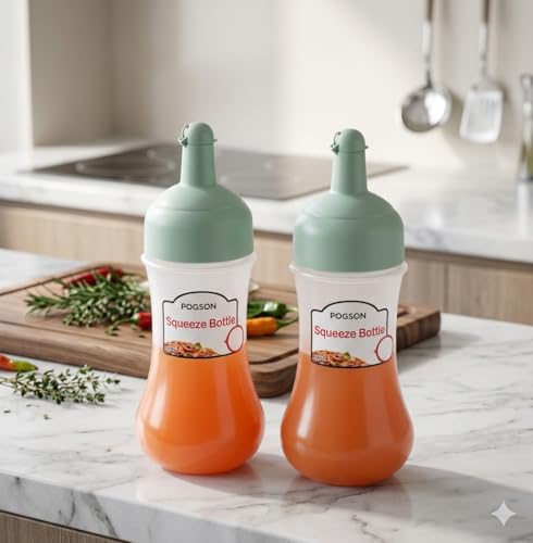 Image of Green Premium Squeeze Bottles - BPA-Free Condiment Dispensers with Leak-Proof Green Caps for Ketchup, Oil, Vinegar & More - Pack of 2, 280ml Transparent Design for Kitchen & Restaurant Use