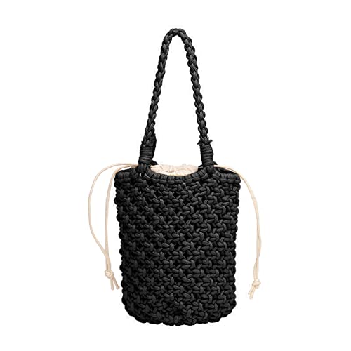 WUURAA Borsa a secchiello fatta a mano da donna in corda cava intrecciata borsa a secchiello da donna borsa a rete borsa a tracolla estiva borsa da spiaggia, Nero