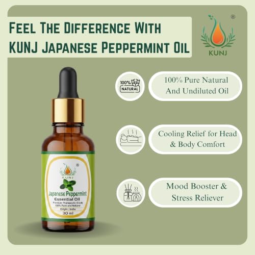 Image of KUNJ Japanese Peppermint Essential Oil 30ml - 100% Pure & Natural Undiluted Steam Distilled Oil for Hair Care, Scalp Massage, Aromatherapy, Diffuser, Skin Care & DIY Blends