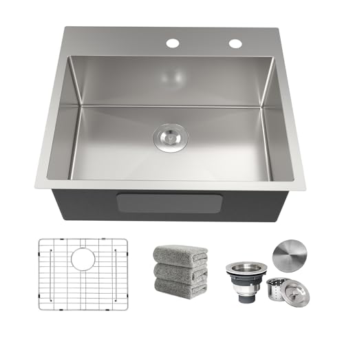 Kitchen Sink 25x22 Inch Drop In Kitchen Sink Top Mount 16 Gauge Deep R10 Single Bowl 2-Hole Stainless Steel Sink with Accessories