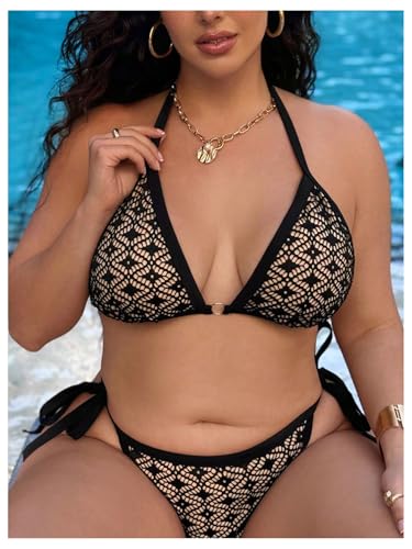 Women Plus Size Thong Bikini Sets String Two Piece Halter Swimsuits with Tie Side Bottom4