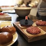Hosrivae Prensa de hamburguesas de hierro fundido de 7 pulgadas de diámetro para hamburguesas, queso a la parrilla y panini, no con mango de madera natural que se mantiene fresco, pesada