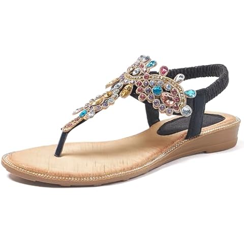 zeetoo Women's Sandals Rhinestone Flat Summer Shoes T-Strap Thong Bohemian Casual Dressy Sandals for Women Size 9.5 Cover