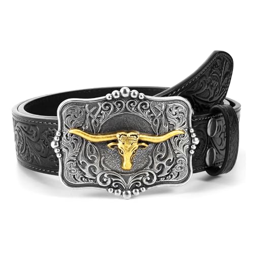 Image of Cowboy Cowgirl Belt Western Belts for Men Women Floral Engraved Longhorn Bull Buckle Belt for Jeans