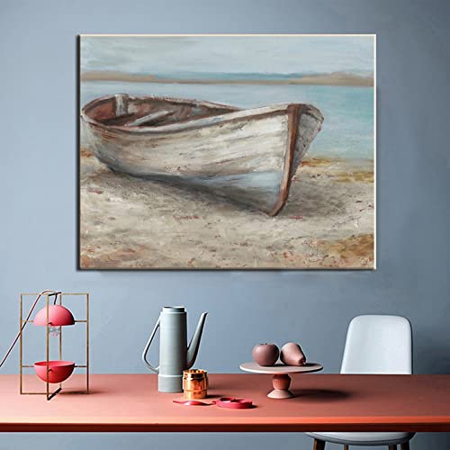 Posters Shore Small Boat Wall Art Old Boat Wall Art Rowing Boat Painting Canvas Wall Art For Living Room Bedroom Office Kitchen Decor 24X32Inch(60X80Cm) Frame-Style #TOP1