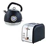 SQ Professional Epoque Breakfast Set 2pc Kettle with Rose Gold Accents & Temperature Display 2200W - 2 Slice Toaster with Rose Gold Accents, High-Lift, Wide Slots & 6 Browning levels 900W (Black)