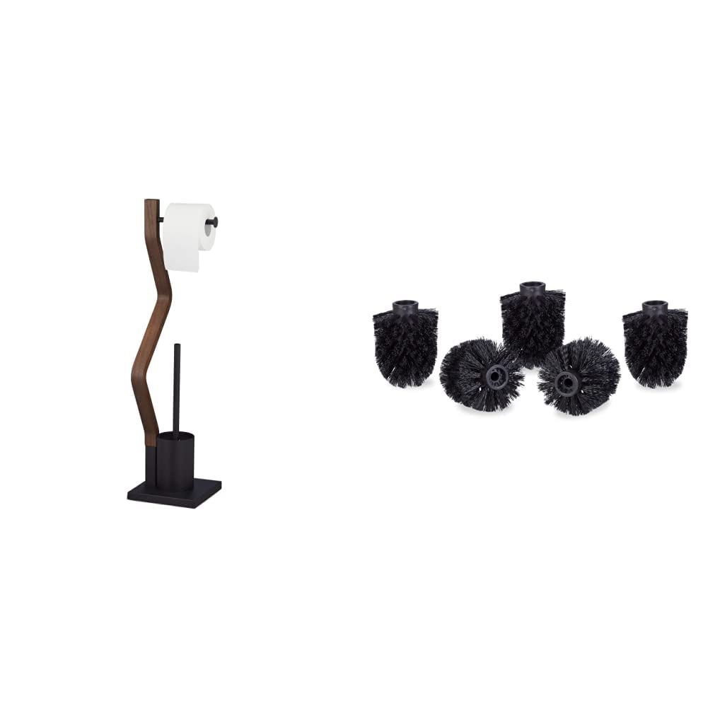 Relaxdays WC Garnitur stehend, Holz und Stahl, mit Bürste, 75x18,5x18,5 cm, schwarz/braun & WC Bürstenkopf im 5er Set, lose Toilettenbürsten 9,5 mm Gewinde, Ersatzbürstenkopf Durchmesser 8 cm, schwarz