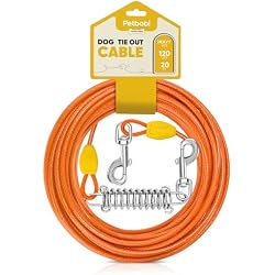 Petbobi Dog Tie-Out Cable 20ft - Heavy-Duty 4mm Metal Cable up to 120lbs, Shock Spring & 360 Swivel Clips, for Yard Camping, Small Medium Large Pets, Orange