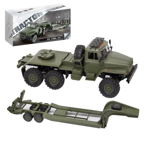 XeleMush 1/16 WPL RC Military Trailer, 2.4G 6WD 41.3 Inch Full-Proportional RC Transport Semi Trailer Tractor Truck Engineering Vehicle Models Toys