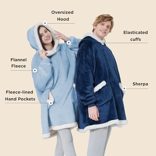 Bedsure Blanket Hoodie, Wearable Blanket for Adults & Kids as Gifts for Women Men, Birthday Gifts for Women Mom Girl Sherpa Oversized Hoodie, Sky Blue, Standard