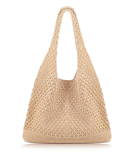 COOKOOKY Crochet Beach Tote bag Summer Beach Bag for Women Aesthetic Mesh Tote Bag Hippie Bag Knit Bag (B-khaki Medium)