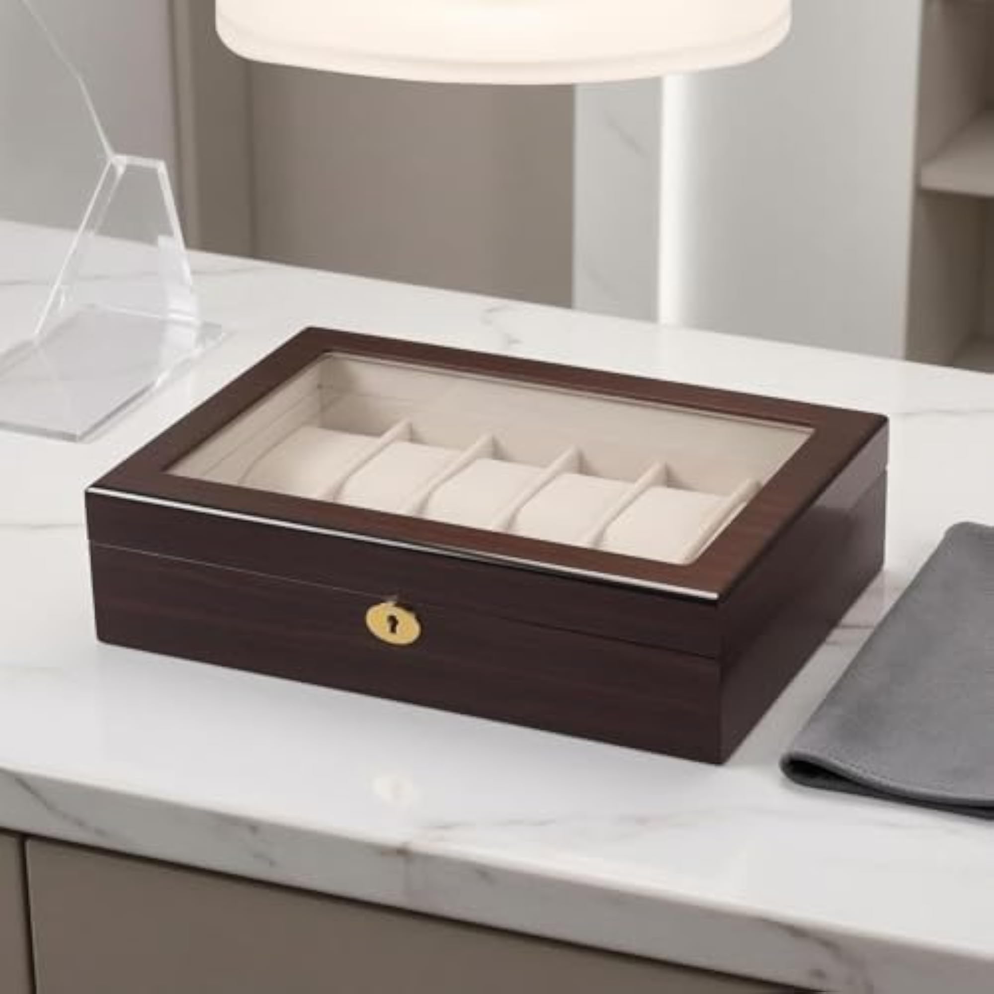 Lacquered Glass-Top Wooden Watch Box