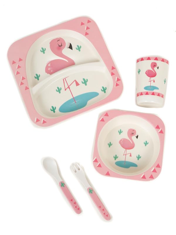 Little Ginnie Bamboo Fiber Dinner Set for Kids, Non Toxic Baby Tableware Set of 5 (Plate, Bowl, Fork, Spoon, Cup) -Flamingo Print-picture-11