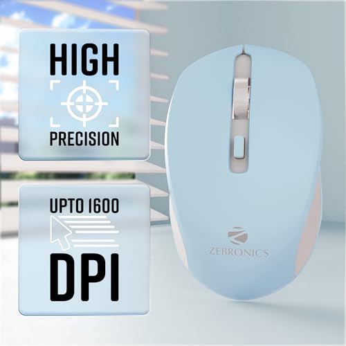 Image of ZEBRONICS Zeb-Jaguar Wireless Mouse, 2.4GHz with USB Nano Receiver, High Precision Optical Tracking, 4 Buttons, Plug & Play, Ambidextrous, for PC /Mac /Laptop (Light Blue+Grey)